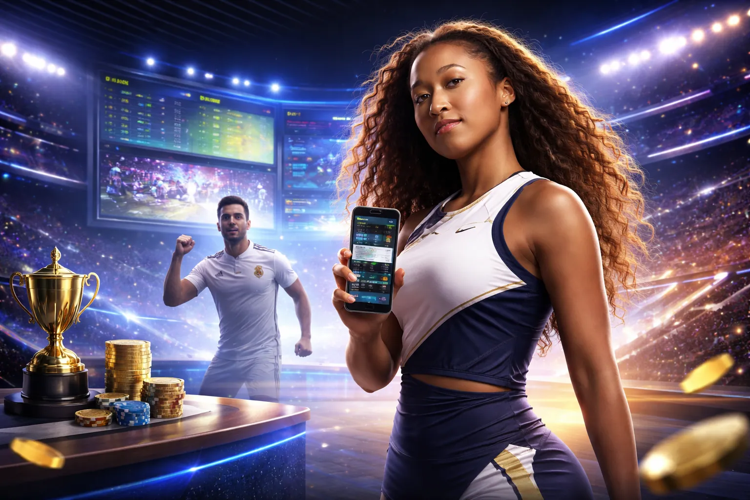 Hình nền 1xBet với sân vận động và người chơi cá cược